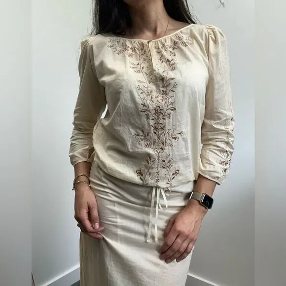 Vintage 90’s Express Beige Boho Embroidered Cotton Midi Long Sleeve Dress XS - Picture 10 of 10